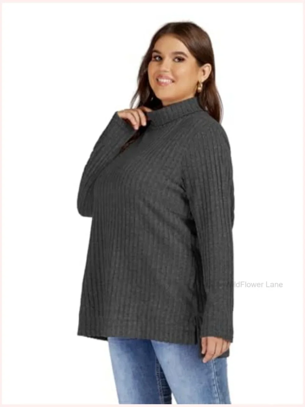 Plus Size Turtleneck Lightweight Sweater Womens Tunic Side Split Long Sleeve